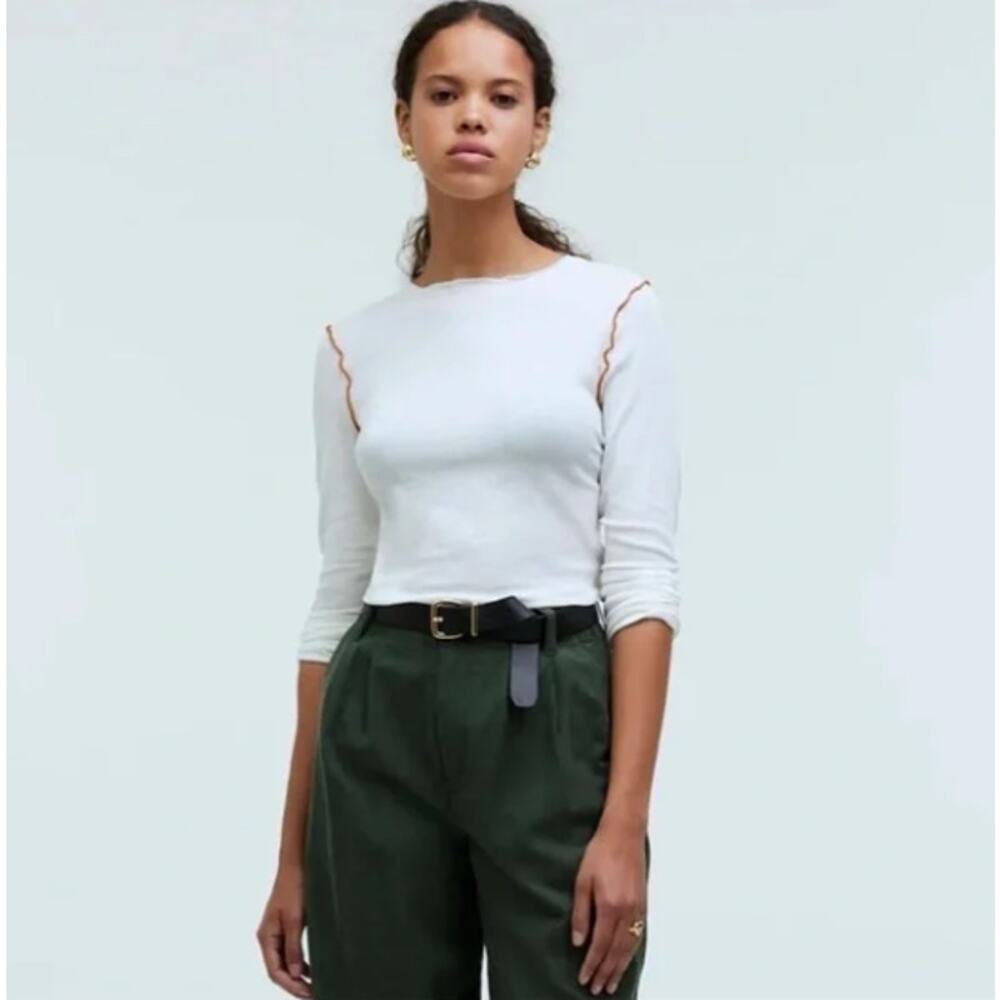 MADEWELL | Cream and brown Crewneck Contrast stitch crop tee | Large